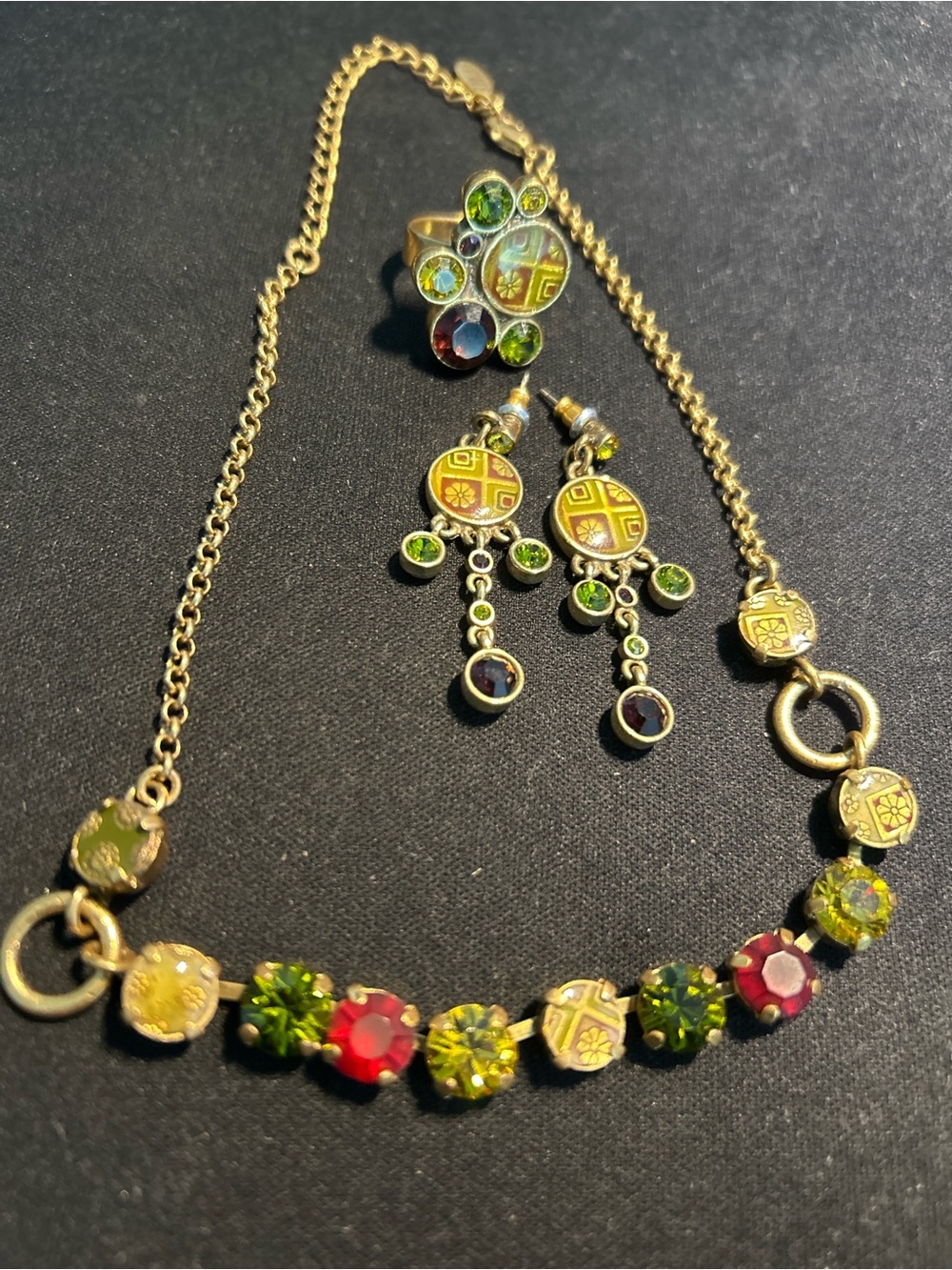 PILGRIM Gold-Tone Multi-Color Necklace, Earrings & Ring Set - Green & Red